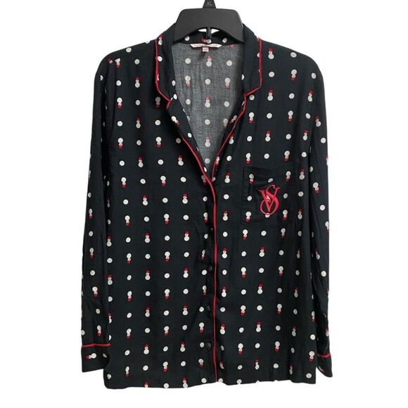 Victoria's Secret Snowman Pajama Top Women's Size M Black White Red Coquette - Picture 1 of 12